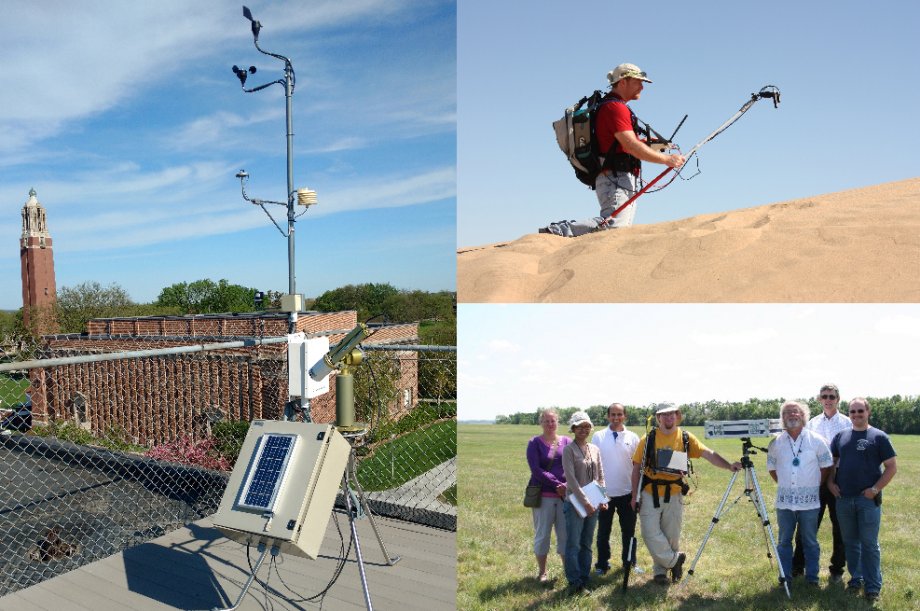 photo collage of cimel sunphotometer, Algodunes sand dune, Brookings test site