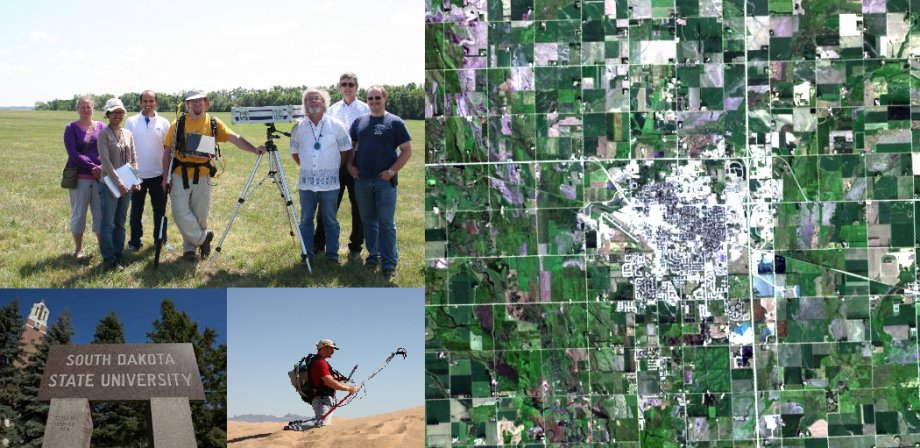 The SDSU IP Lab Staff perform vicarious calibration in Brookings at the top and in California in the bottom middle picture. The left hand image is an aerial view of Brookings.
