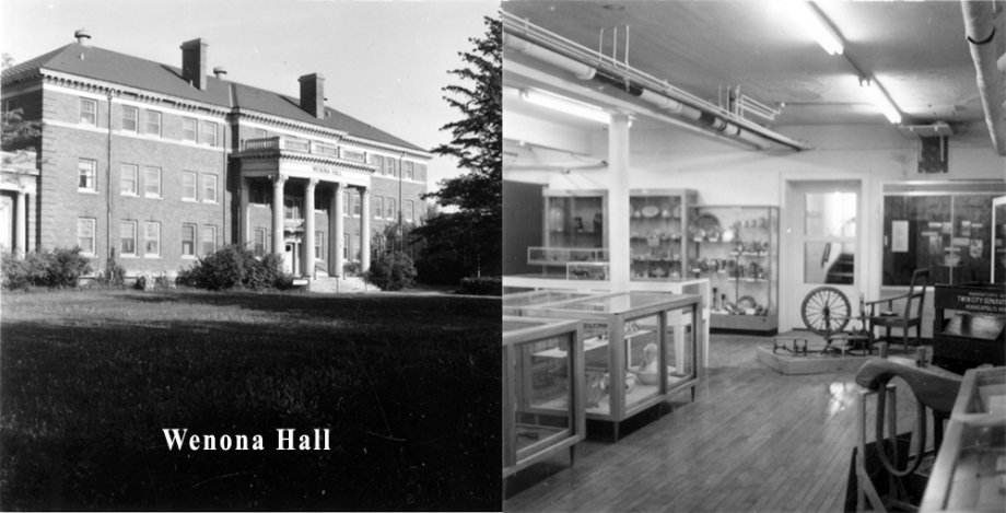 "Picture of Wenona Hall on left. Image of museum interior with artifacts on right."