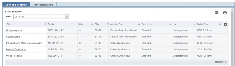 Screenshot of a sample class schedule