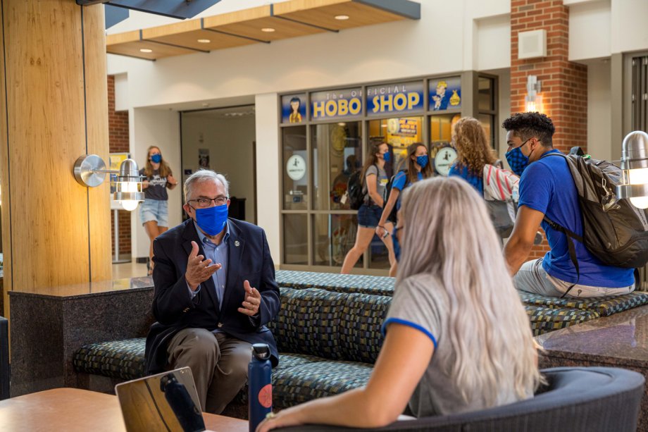 President Dunn Speaking to student in the union