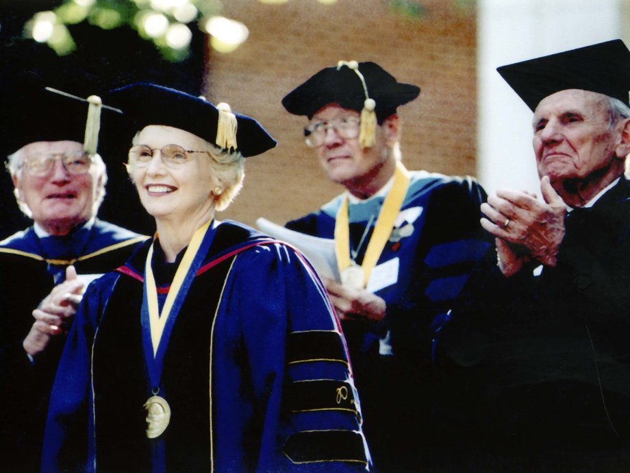 Four SDSU presidents (Sherwood Berg, Peggy Miller, Robert Wagner, and Hilton M. Briggs) attend Miller's inauguration.
