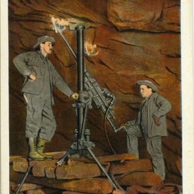 Postcard showing two men operating a pneumatic drill at the Homestake Mine in Lead, S.D., 1912.