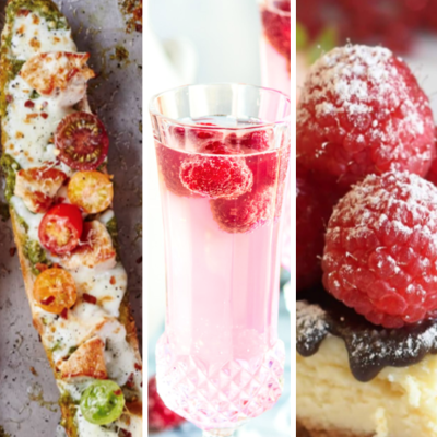 Photos of Pesto French Bread Pizza, Sparkling Raspberry Lemonade Mocktail, and Cheesecake