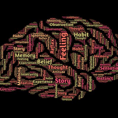 Words in the shape of a brain associated to pscyhology - feeling, thought, story, experience, meaning, memory, longing, observation, belief, history, demeanor, sensation, ignorance, intuition, instinct, self-image, reflex.