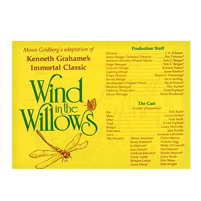State University Theater 1995 Program for the play Wind in the Willows