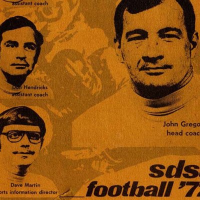 Cover of the 1972 SDSU Football Media Guide -  images of team coaches