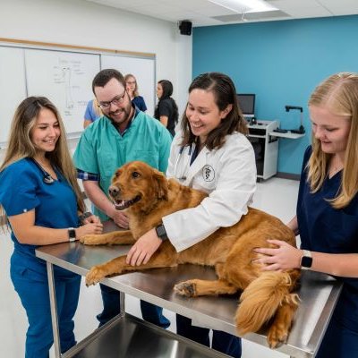 Veterinarian performing a physical exam on a golden retrieve as three veterinary students look on. 
