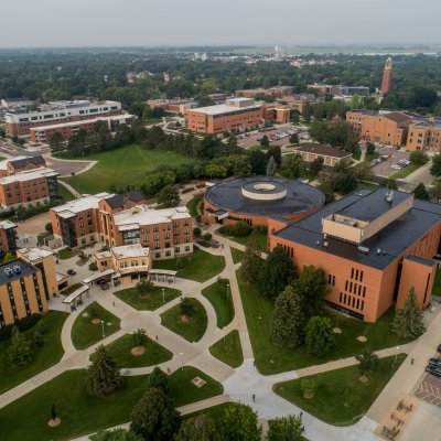 Aerial shot of SDSU campus buildings