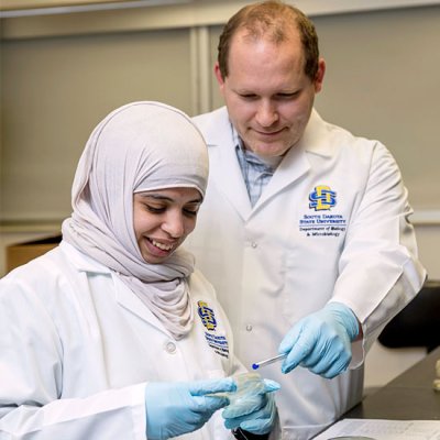 A professor wearing a white coat is standing beside a student wearing a white coat and a hijab while they both look at a petri dish.