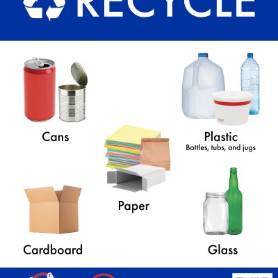 recycling guide with images of cans, plastic bottles, cardboard, paper, and glass.