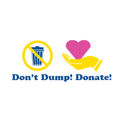 A blue trashcan icon with a yellow prohibition sign and a yellow hand icon holding a pink heart shape. Text below reads "Don't Dump! Donate!" 