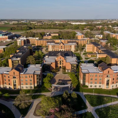 Aerial view of campus buildings.