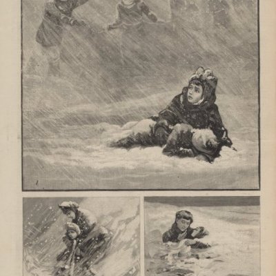 Black and white print from Frank Leslie's Illustrated Newspaper titled " Scenes and Incidents of the Recent Terrible Blizzard in Dakota". There are 3 scenes on the page. The images are: 1. A Rescue Party at Huron, Bund Together by Ropes Searching For Missing Children. 2. A SchoolMistress Compels a Pupil to Walk All Night to Prevent Freezing. 3. Another Brave Teacher Shelters One of Her Pupils From the Storm. Frank Leslie's Illustrated Newspaper January 28, 1888, page 401