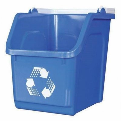 A small, blue recycling bin.