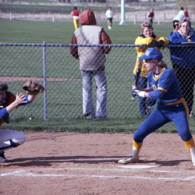 1985 Batter at the plate from Women's Softball season.