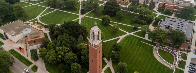 Aerial image of campus with Coughlin Campanile