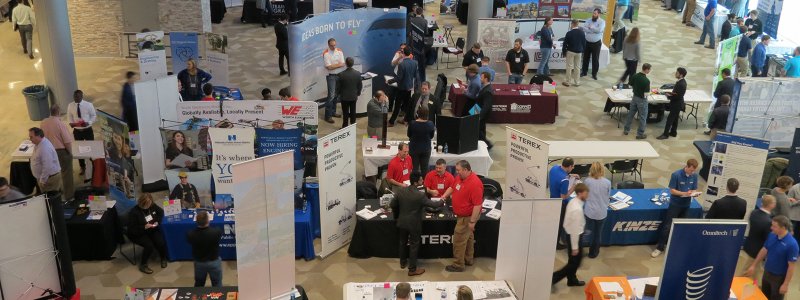 Photo of company booths at the SDSU engineering career fair.