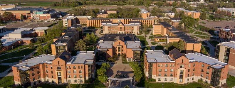 Aerial view of campus buildings.