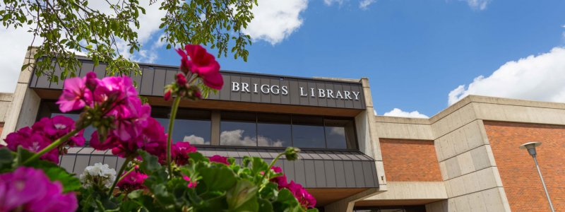 Briggs Library entrance with flowers
