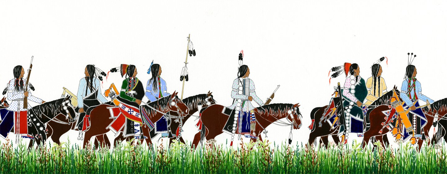 Paul Goble, illustration from "Death of the Iron Horse" (Native Americans on horses)
