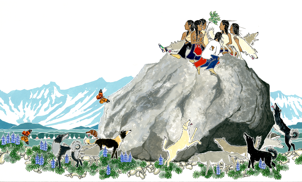 Paul Goble, illustration from "The Lost Children" (Native Americans on top of a large rock overlooking mountains)