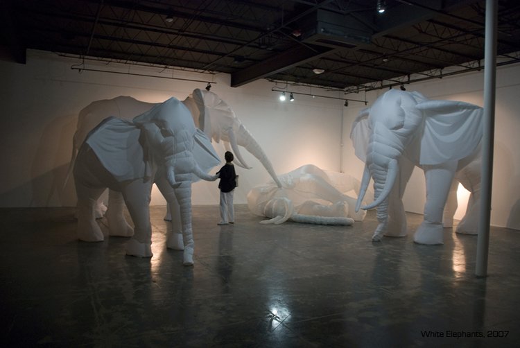 Billie Grace Lynn: "White Elephants" -two large white inflated elephants in a gallery