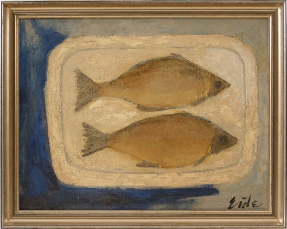 Palmer Eide, "Fish" oil painting - 2 fish on a platter