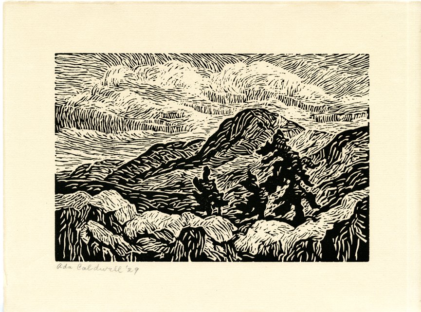 Ada Caldwell woodblock print of The Rockies or Estes Park