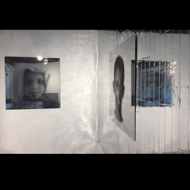 Mahwish Chishty, "Basant Portraits" (paintings: black 2.0 on stainless steel and emergency blankets, 2018-19)