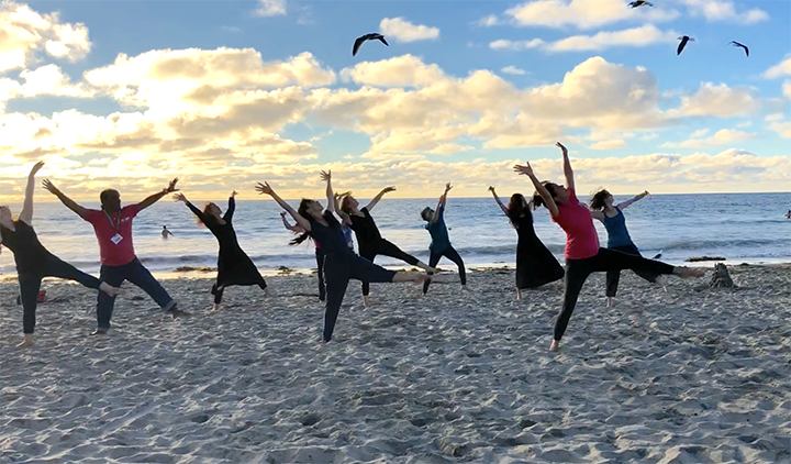 Dancers on the beach with seagulls.