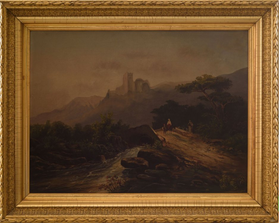 Landscape painting with castle in the distance by John Banvard