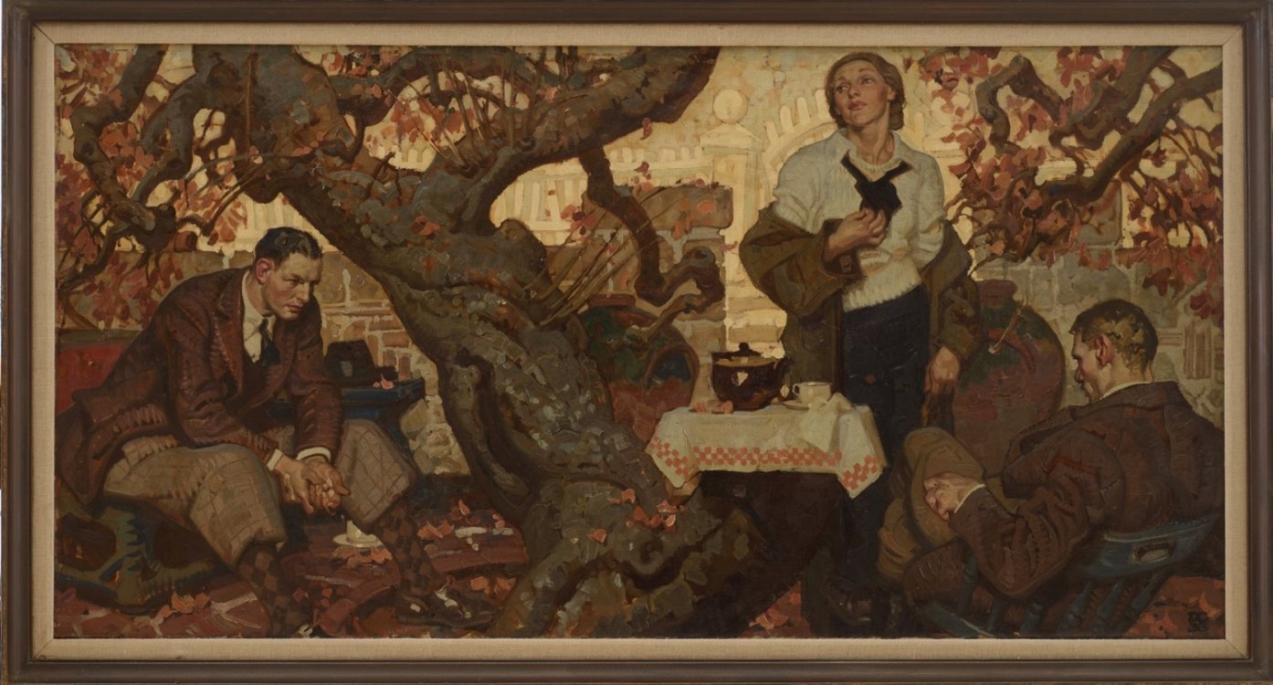 Painting by Dean Cornwell: 2 men and a woman having tea under a tree