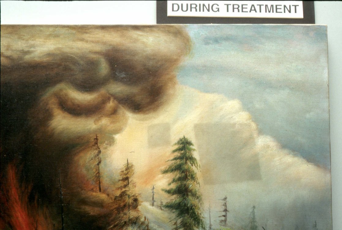 Laura Rodgers, untitled painting of a forest fire - during conservation treatment showing areas where grime has been removed