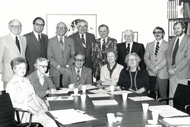1978 SDAM Board of Trustees . Ben Reifel (third from left in back row) served as a member of the South Dakota Art Museum Board of Trustees from 1977-1990. This 1978 photo also includes SDSU President Berg (first on left in back row), President Briggs (fifth from left in back row) SDAM Director Joseph Stuart (far right back row), Jeanette Lusk (seated second from left), and Dona Brown (seated far right). Courtesy SDSU Archives.