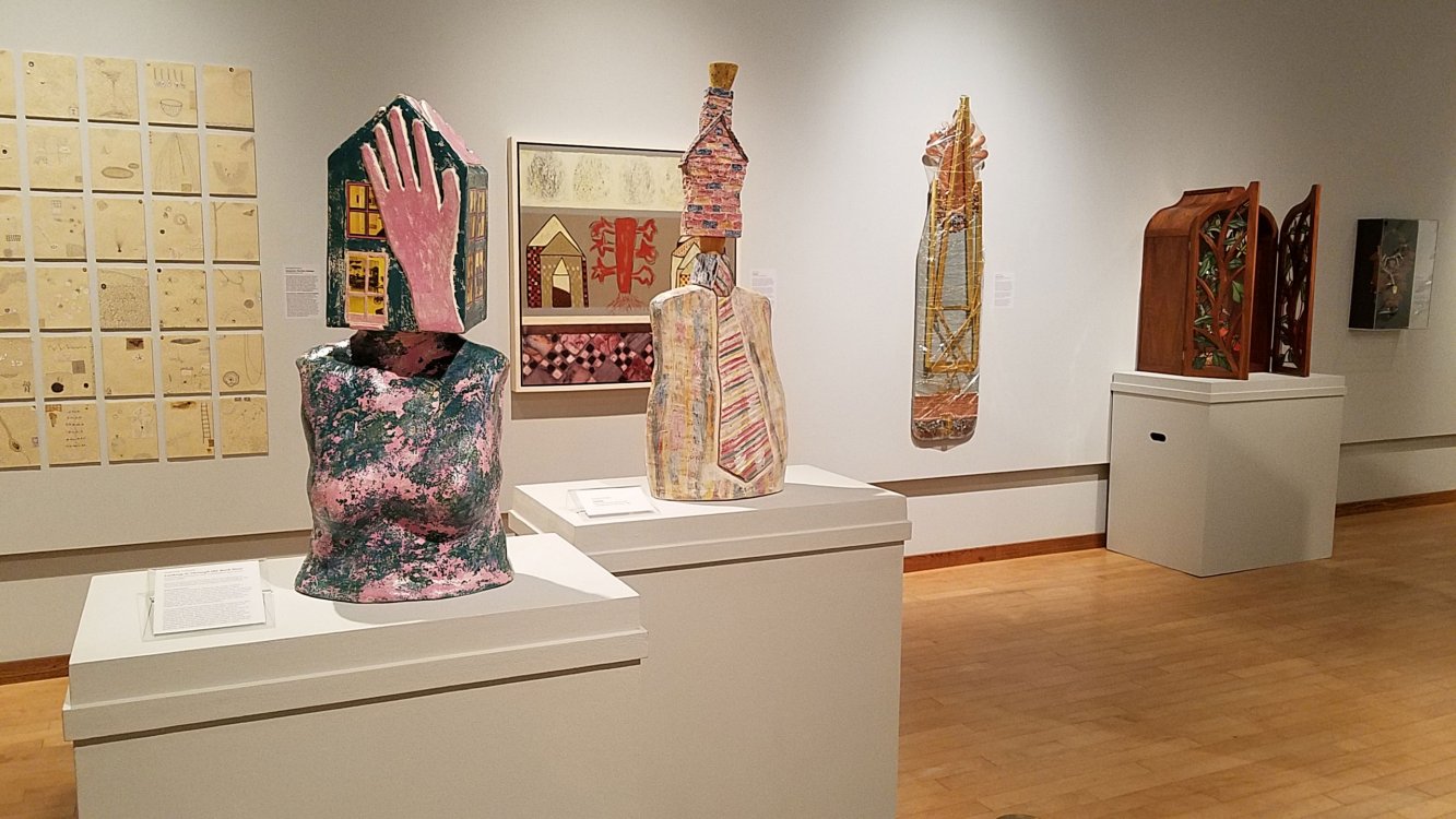 Jeannie French’s "Looking in Through the Back Door" and "Corked" (left foreground) on display in "Women at Work: South Dakota Artists" at the South Dakota Art Museum, 2017.