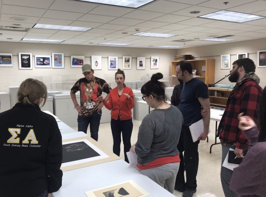Diana Behl’s SDSU School of Design Printmaking students study original fine art prints from the Cockerline Collection, 2019.
