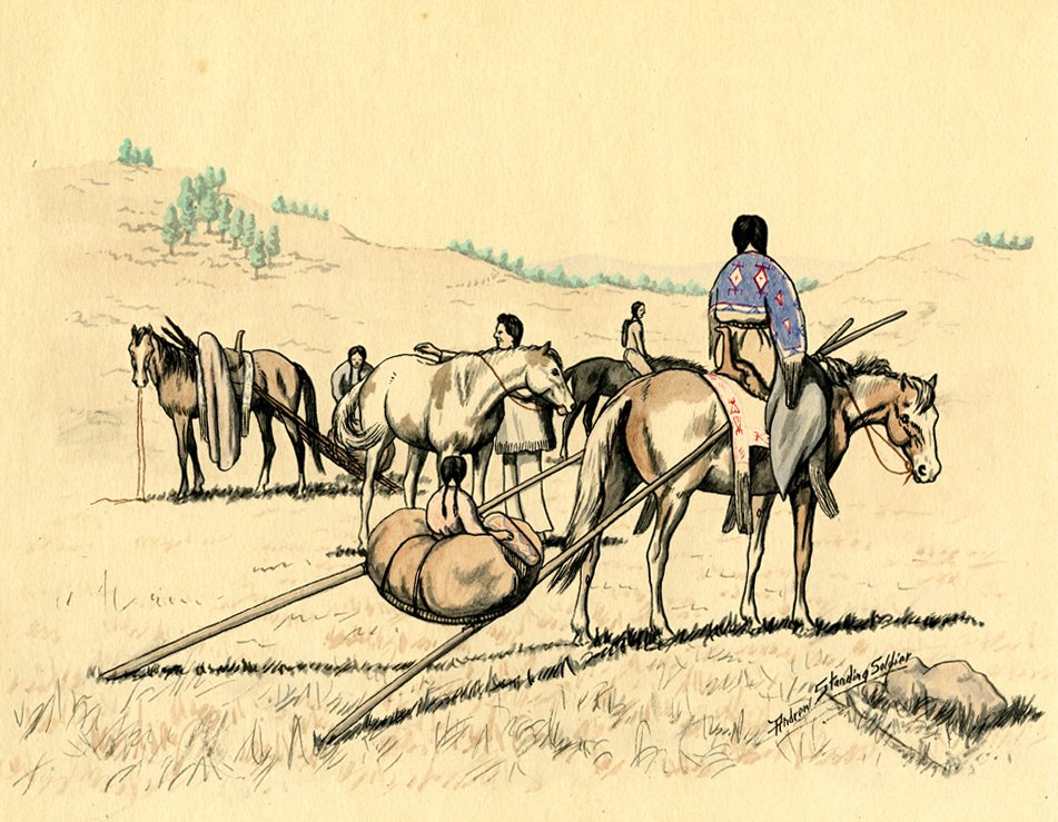 Andrew Standing Soldier, untitled (woman on horseback with travois), watercolor on paper, n.d. South Dakota Art Museum Collection, 2014.02.3. Gift of Dave and Betty Strain.