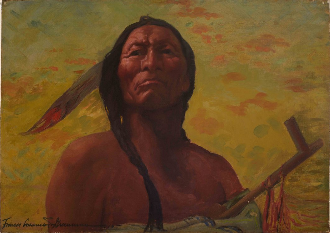 Frances Cranmer Greenman, untitled (American Indian with pipe), oil on canvas, 1916 South Dakota Art Museum Collection, 2017.04. Gift of Lawrence and Catherine Piersol.