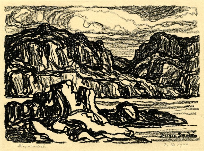 Birger Sandzén, "In the Fjord," lithograph on paper, 1924. South Dakota Art Museum 2017.03.05 Transfer from the SDSU School of Design, Visual Art Department. ©Birger Sandzén Memorial Gallery