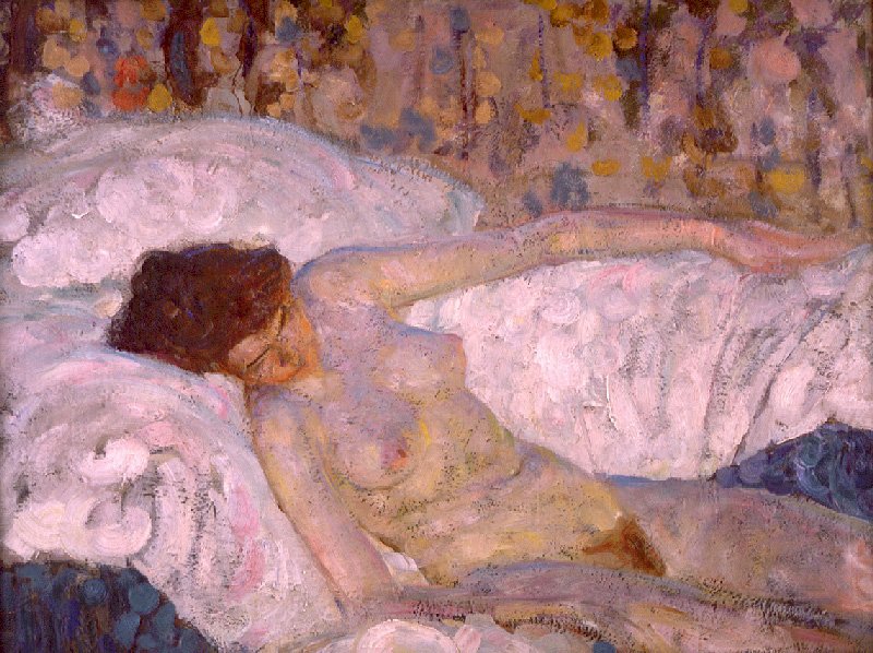 Harvey Dunn, "Reclining Nude with Floral Curtain," oil on canvas, n.d. South Dakota Art Museum 2021.01Gift of The Kelly Collection of American Illustration © South Dakota Art Museum