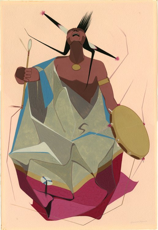 Oscar Howe, "The Singer," casein on paper, c. 1955 South Dakota Art Museum Collection, 1980.05.04 Transfer from the Bureau of Indian Affairs © Oscar Howe Family