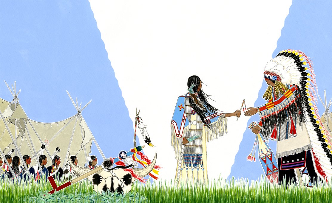 Paul Goble Illustration from "The Legend of the White Buffalo Woman" watercolor on paper, 1998 Collection of the South Dakota Art Museum, 2001.05.02L. Gift of Paul and Janet Goble  
