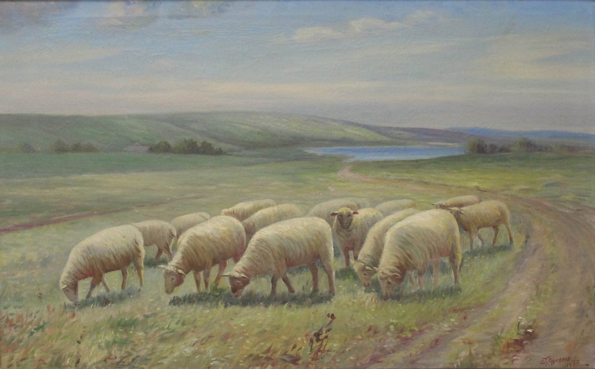 Charles Greener, untitled (15 sheep in a clearing), oil on canvas, 1932 South Dakota Art Museum Collection, 2022.01 Gift of John Cronholm family in honor of Ruth Griffith Cronholm (Class of 1924 SDSU)