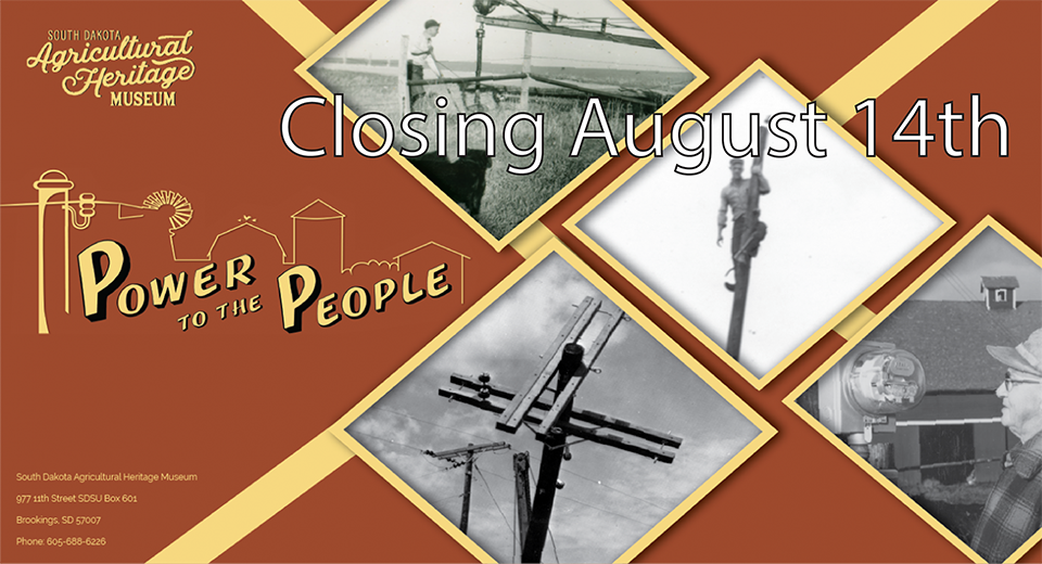 Power to the People exhibit poster. Various workers working on mechanical equipment . Exhibit closing date August 14th 