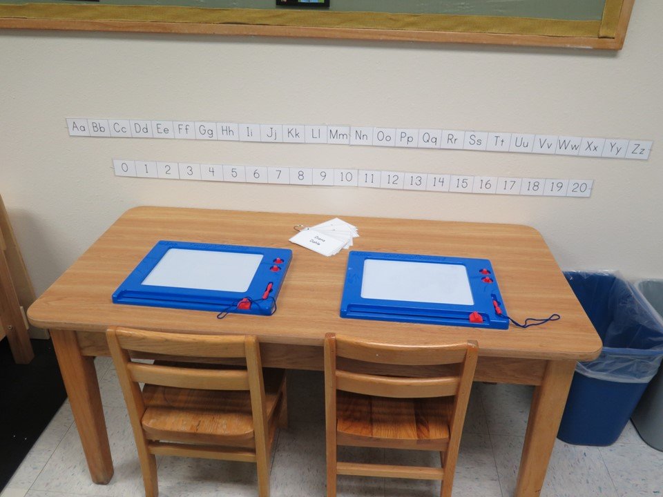 At the literacy table there are Magna Doodles, a ring with children's name on it as well as the alphabet and number lines posted.