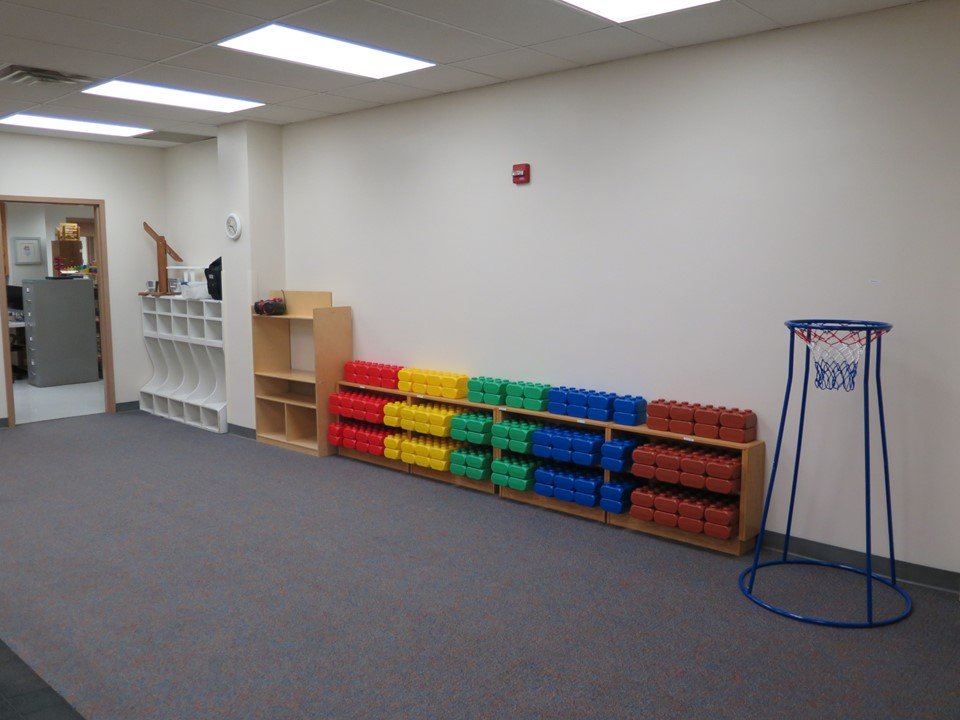 The large motor room also has a basketball hoop and large building blocks.