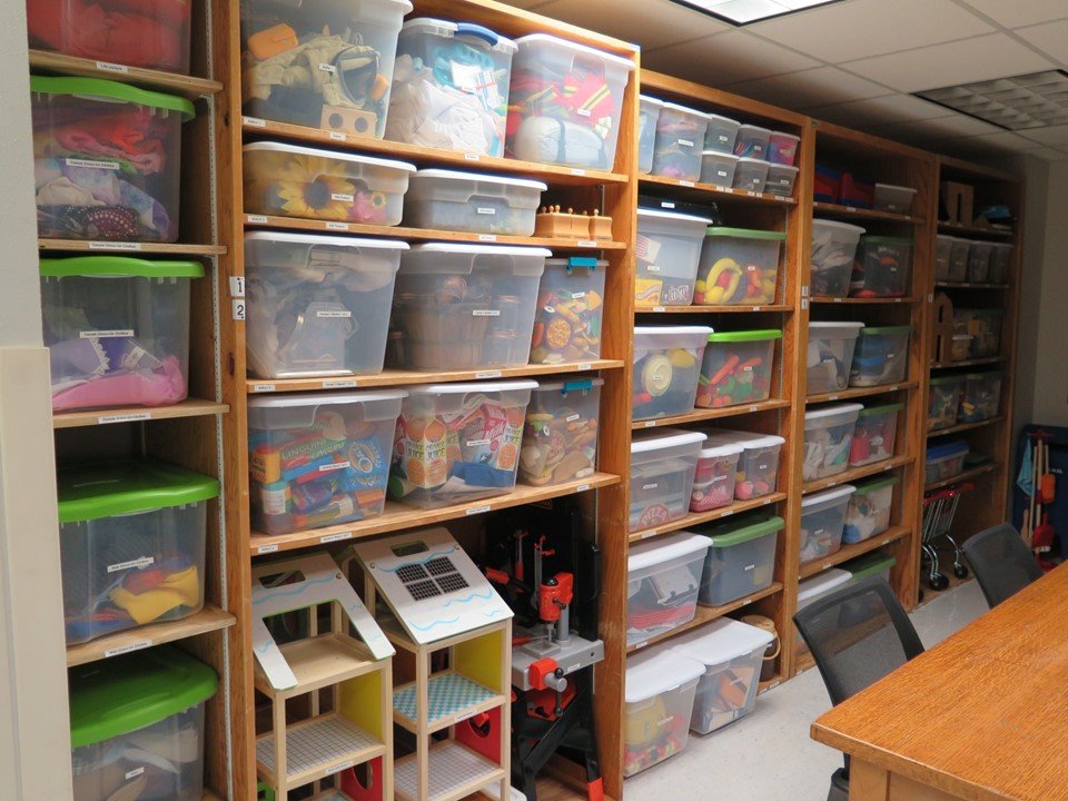 The resource room provides a space for many materials can be stored while not in use.