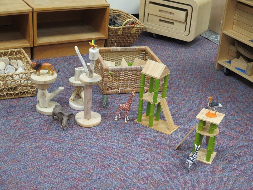 4 & 5 year old classroom block area with animals and bamboo blocks.