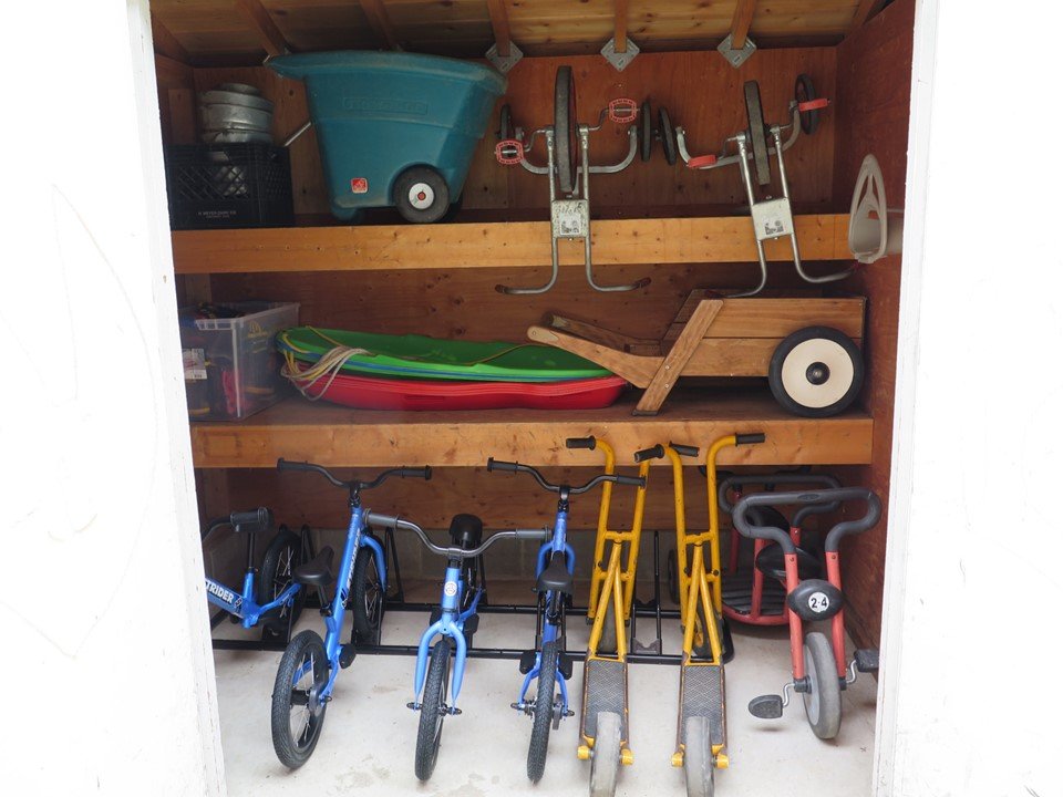 Some of our outdoor equipment such as tricycles, strider bikes, scooters and sleds.